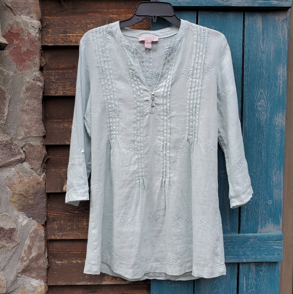 Linen Womens Popover Tunic Embroidered Flowers Pleats Roll Tab S St. Tro…